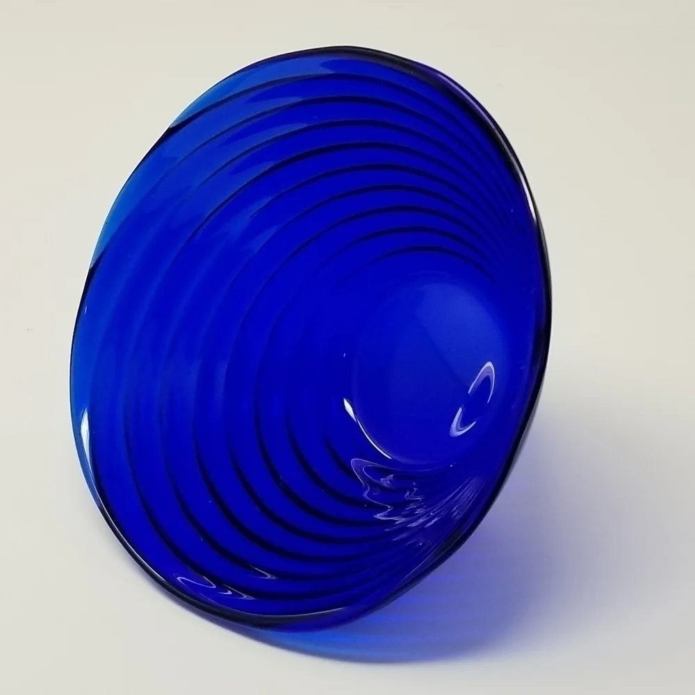 Vintage Cobalt Blue Swirl Bowl Concentric Rings Textured Optic Glass Serving Bow